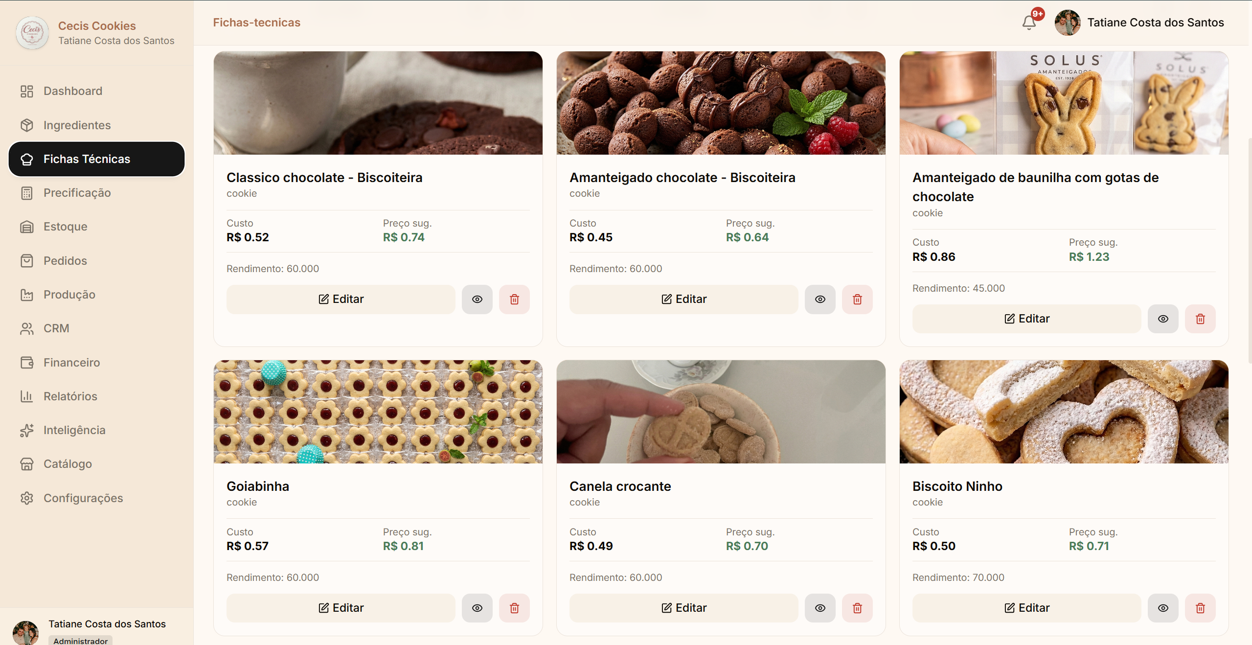 Tela de fichas técnicas do Sabor que Rende com custo calculado por receita